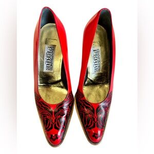 Beautiful Gianfranco Ferre Red and Black Patterned Pointed Pumps